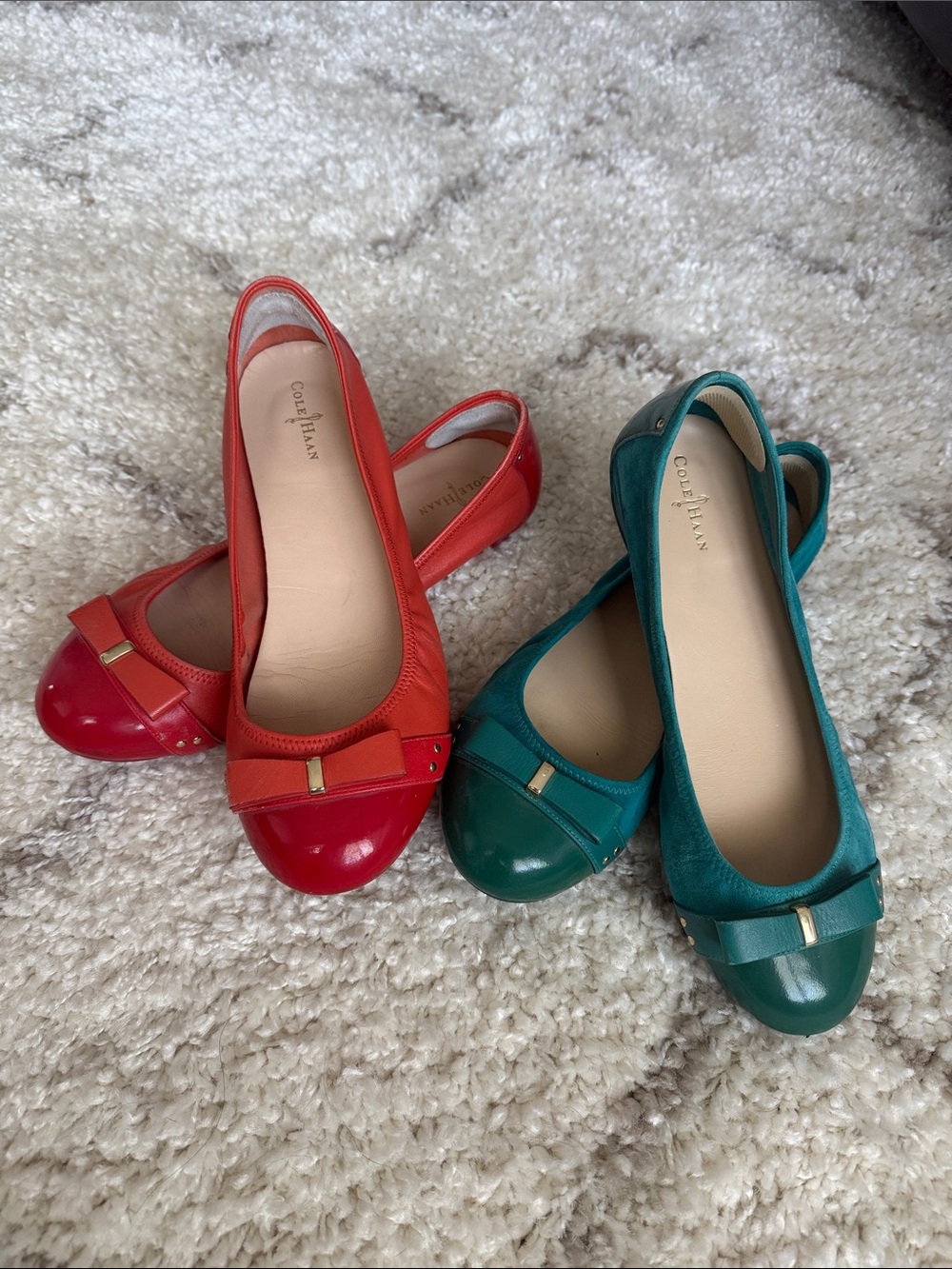 2 pair: size 10 Cole Haan Red and Teal Bow Cap-Toe Ballet Flats Nike